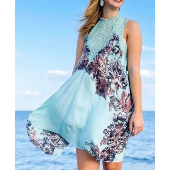 Intimately Free People Marsha Lace Slip Dress Turquoise Blue Floral Flowing XS - Picture 7 of 16